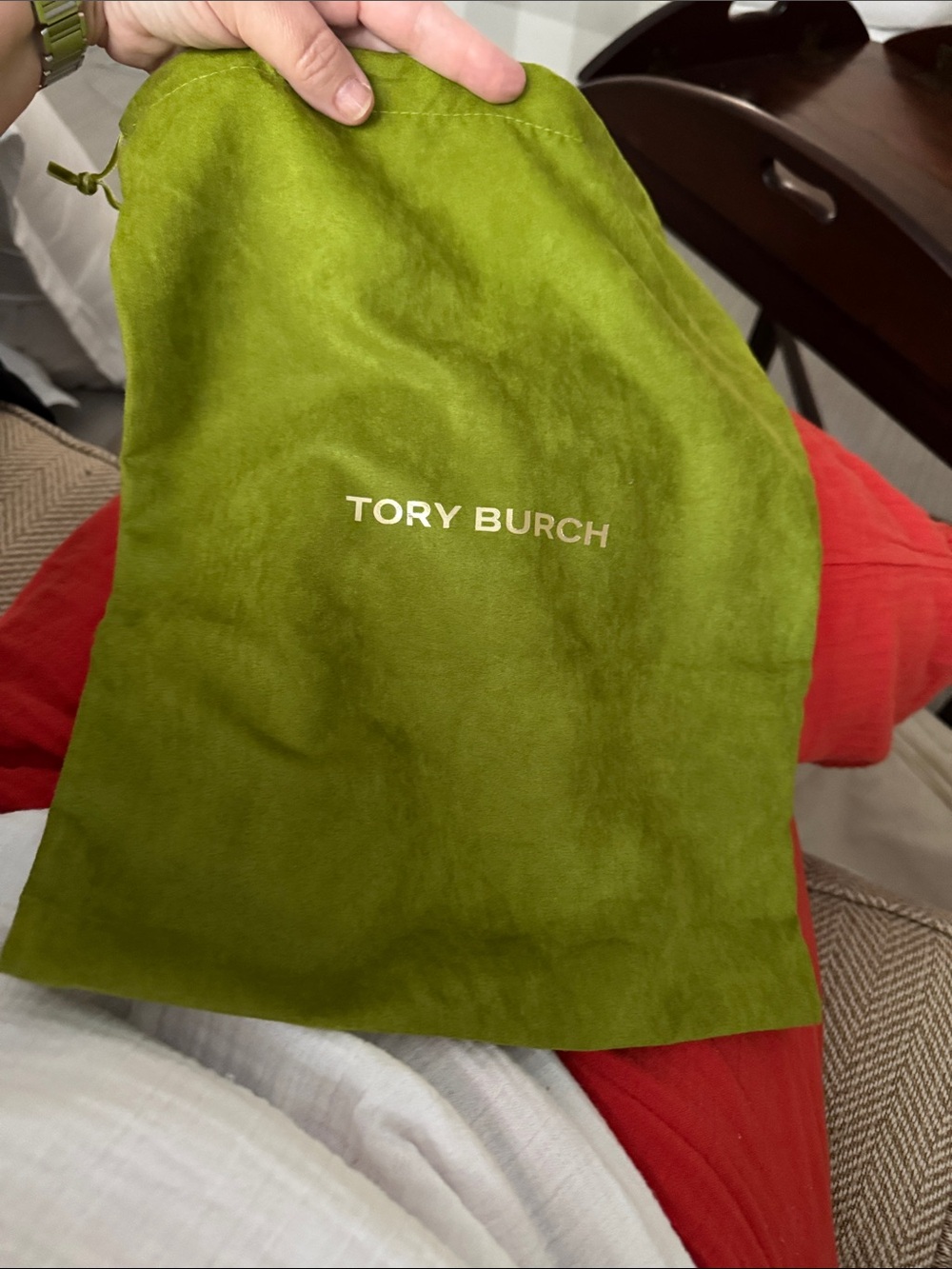 Tory Burch army green sueded dust bag for shoes. Brand new